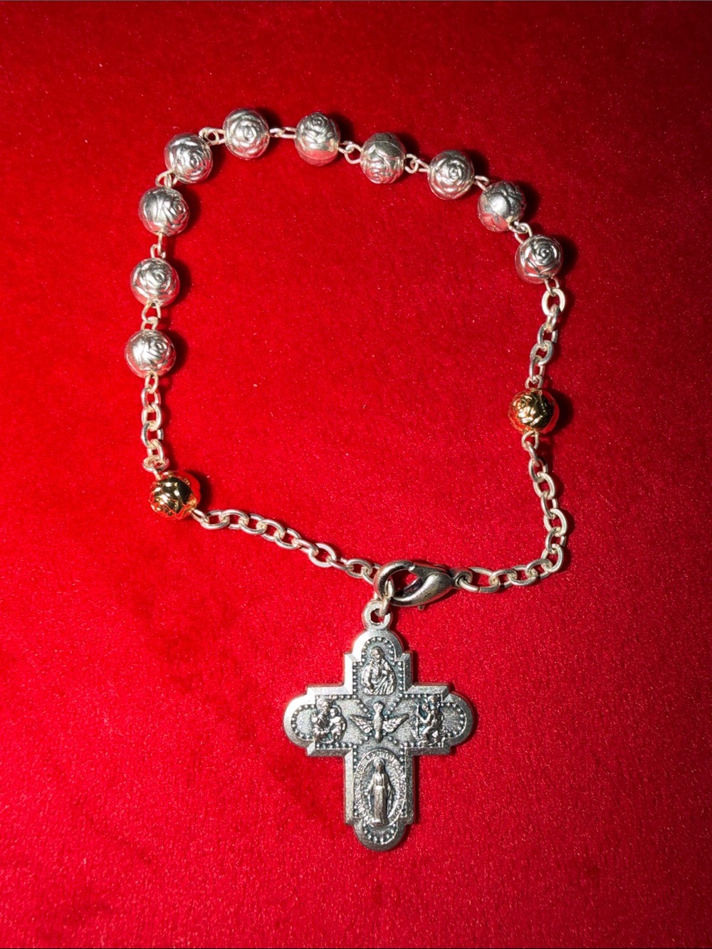 Silver Rosary Bracelet with Gold Accent Beads - Religious Cross Charm